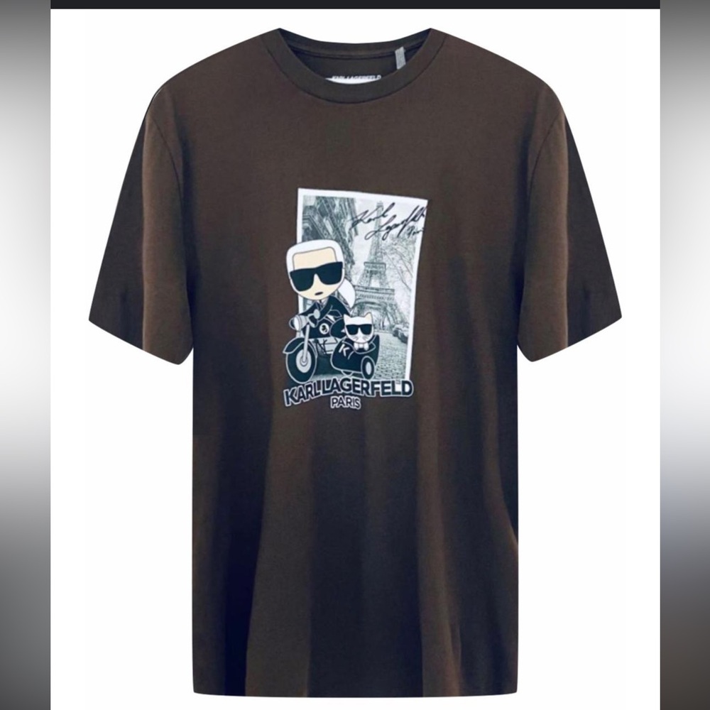 Karl Lagerfeld Paris with Choupette On A Motorcycle Brown Graphic Tee, Medium